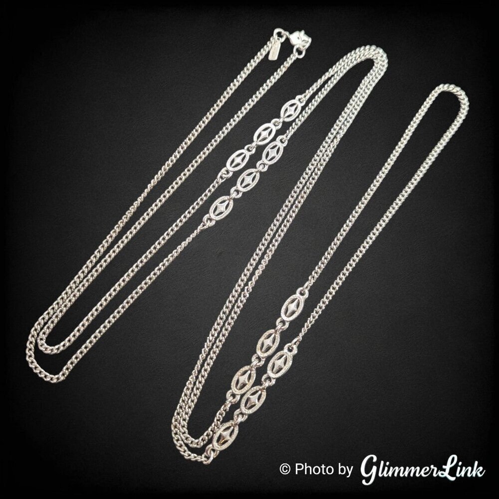 Vintage Monet Silver Tone Station Necklace 55" Curb Chain - Oval Starburst Links